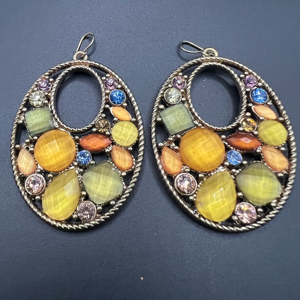 Multicolor Statement Pierced Earrings with Synthetic Stones in Gold Tone